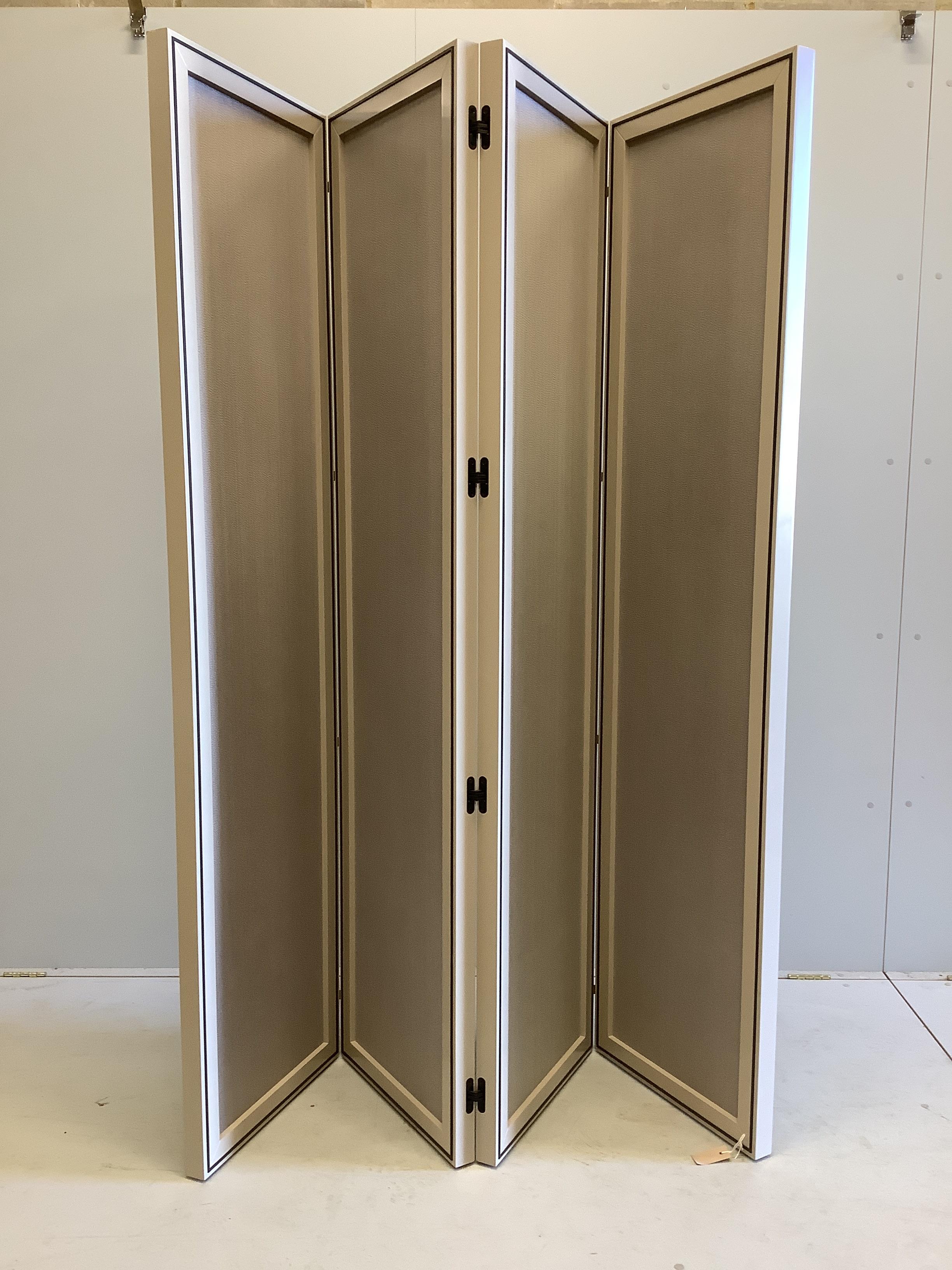 A Contemporary four folding screen by Decca Furniture with Philip Jeffries Mink Movement covering, each panel width 50cm, height 200cm